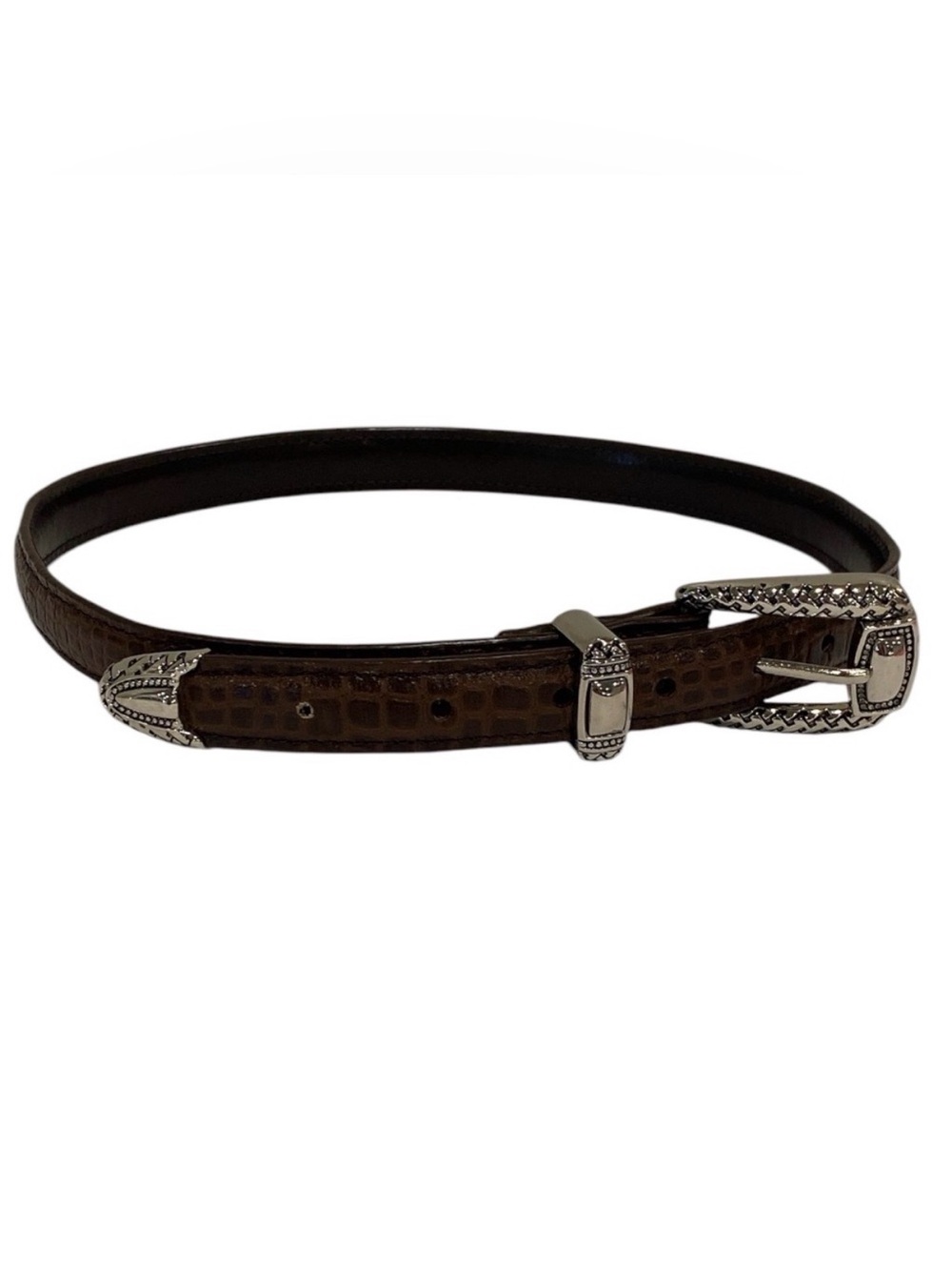 Genuine Leather Silver Buckle Western Brown Belt - Small - NWOT